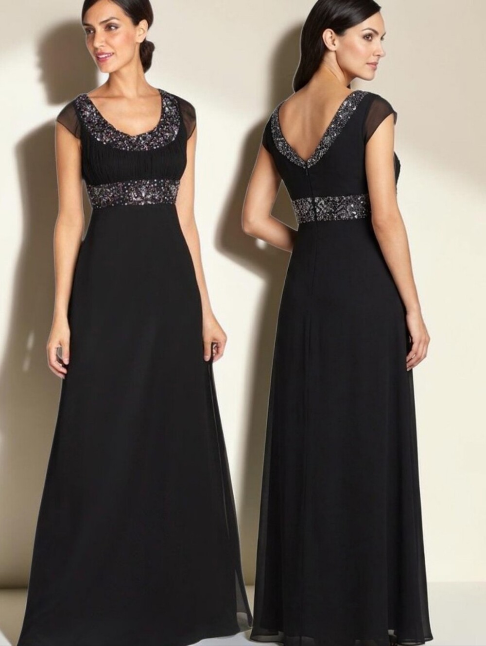 ADRIANNA PAPELL Black Silk Chiffon Scoop Neck Evening Gown - Size 14